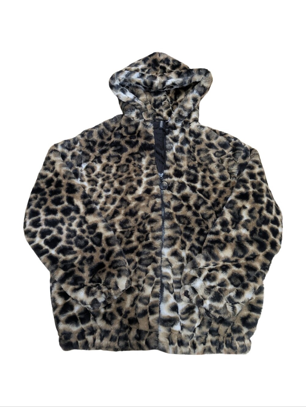 H&M Leopard Print Faux Fur Hooded Jacket - Oversized Size Small - Picture 2 of 9